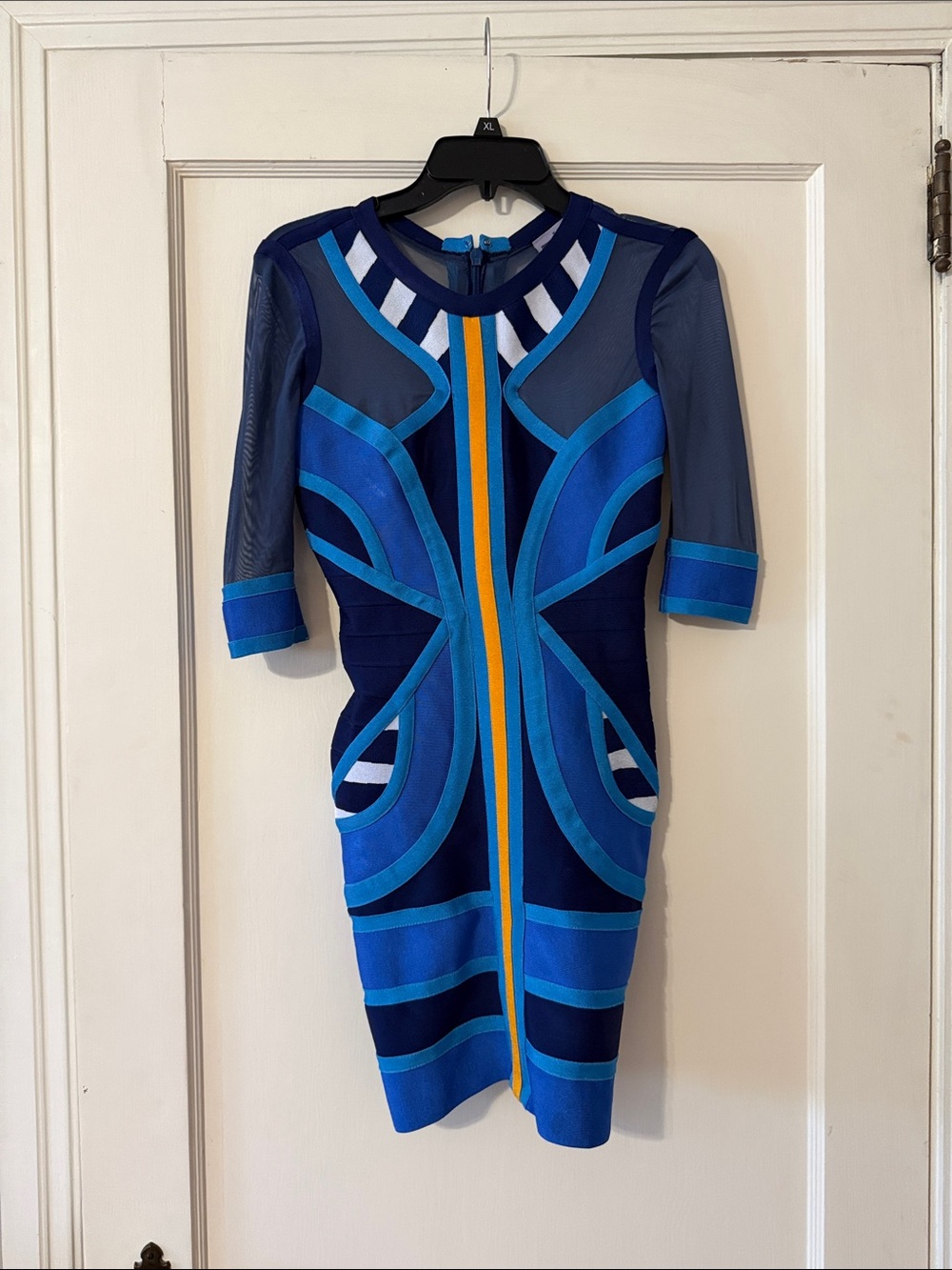 Herve Leger Blue Geometric Bodycon Mini Dress Size Medium